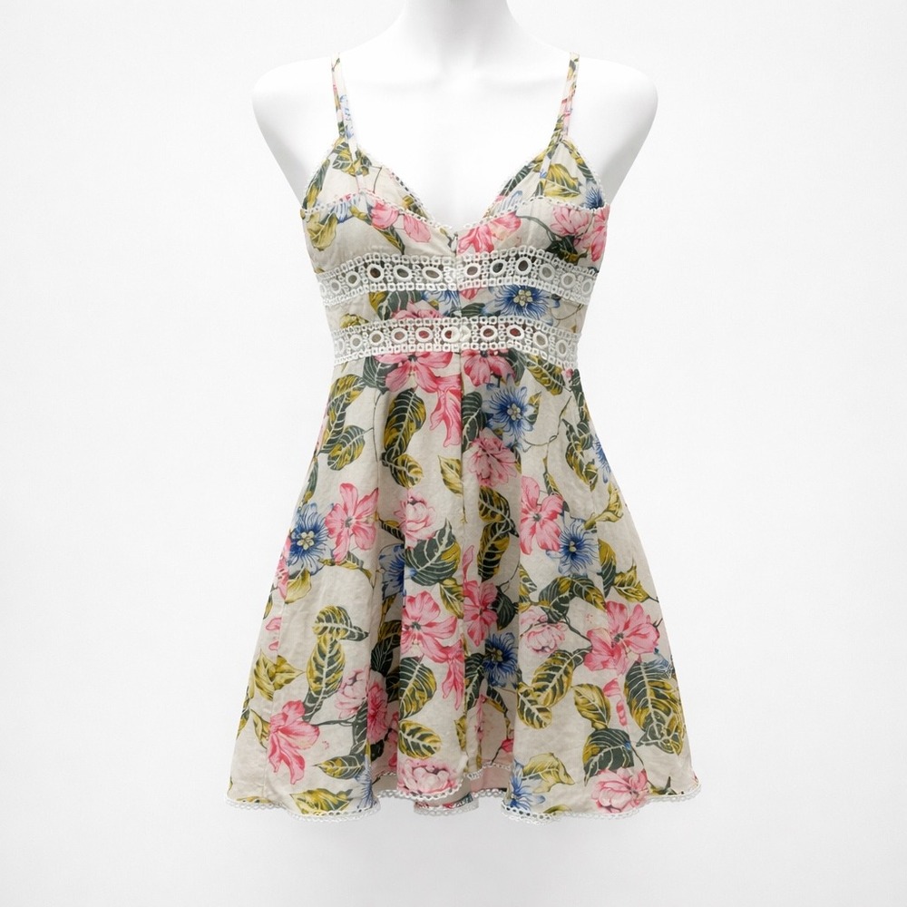 RW Linen Mini Dress Womens S Beige Floral Eyelet Lace‎ Tropical Sun Dress